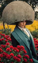 a woman is standing in a field with flowers