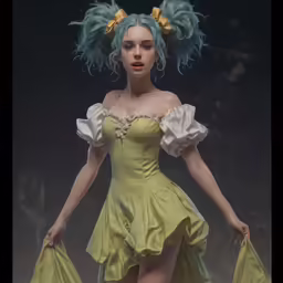 a doll with blue hair walking on a runway