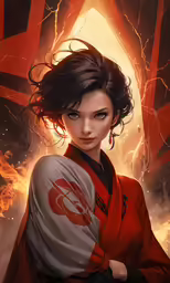an illustration of a woman in a kimono with lightening behind her