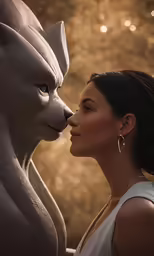 a woman that is kissing a statue of a cat