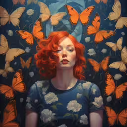 a painting with orange hair and butterflies in the background,a painting of a woman in butterfly shapes with her eyes closed