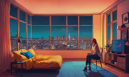 a woman sitting in a chair while looking out a window,a woman sits in the room looking out the window