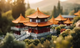an asian style pavilion with golden roof and red pillars