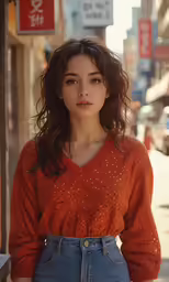 a woman is standing on a city street looking at the camera