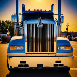 large semi truck parked in a parking lot,the front end of a blue and white truck parked in a lot