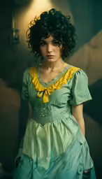 the woman in the dress has dark hair and big puffs on her face