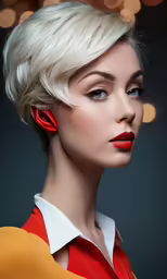 a woman with blonde hair and red lips