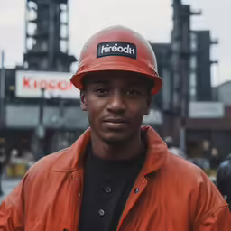 a man wearing an orange hard hat is standing in front of an industrial facility