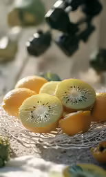 a piece of lemon with pieces of kiwi fruit on a wire table