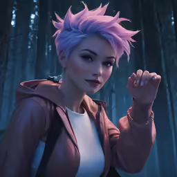 a young woman with purple hair standing in front of some trees