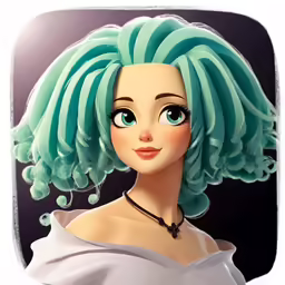 a cartooned woman with a blue wig and green hair