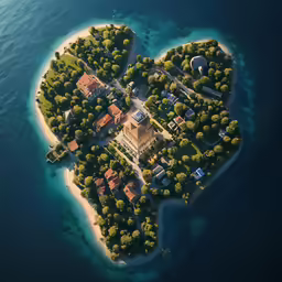 a heart shaped island sits in the middle of water