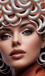 a woman with large white curly hair wearing earrings