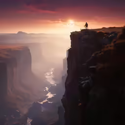 man standing on a ledge at sunrise overlooking a mountain