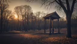 the sunset is setting over a small, wooden gazebo