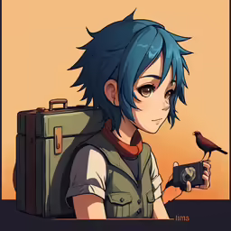 boy with blue hair holding a bird and wearing a green vest