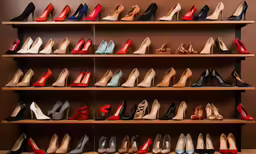 a wooden shelf filled with lots of colorful shoes