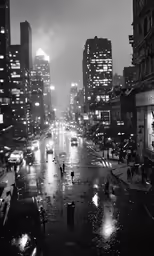 a city street at night during rain, with people walking