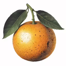 a fruit with leaves on it on a white background