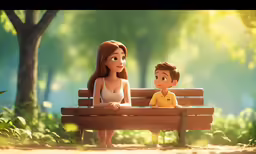 the young girl sits on the bench next to her little boy