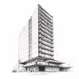 a large building is shown on the side of a street