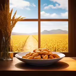 a bowl full of potatoes and wheat on a window sill