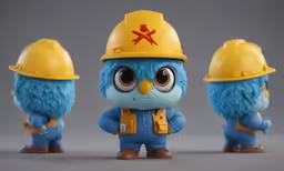 four blue and yellow bird figurines with hard hats