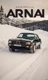 a car driving down a snow covered road