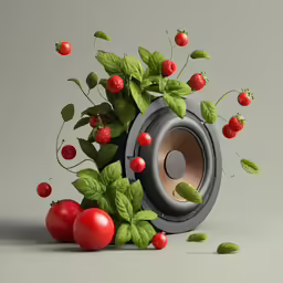 a speaker with some fruits and vegetables around it