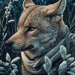 a gray wolf in an alpine mountain pose among some plants