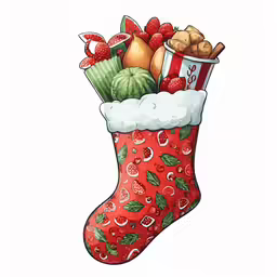 an open christmas sock with fruits and other foods inside it
