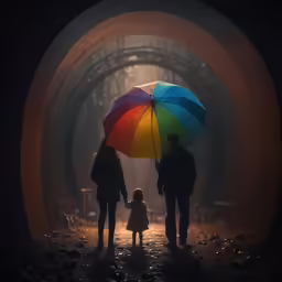 a person holding an umbrella with a child on it