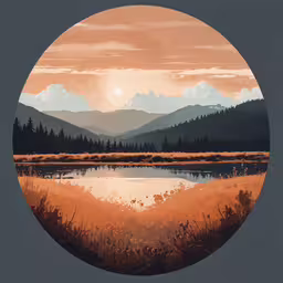 a round painting showing a lake surrounded by forest and hills,a painting of mountains and trees in a circle