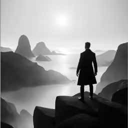 a man stands on the edge of a cliff overlooking water