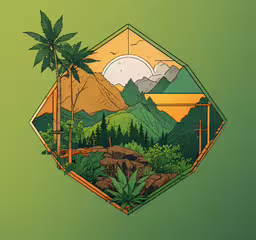the tropical scenery with mountains, palm trees and hills is on the green backdrop,a green background with an image of trees and mountains