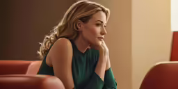 a woman sitting down in a red chair wearing green