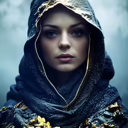a lady with blue eyes wearing a dark costume
