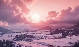the sun is setting over the mountain with some clouds