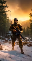 a man standing in the snow with an ak rifle,a man standing in the snow holding a shotgun