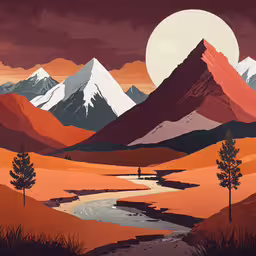 an image of an illustration of a landscape with mountains and a moon,a painting of a mountain landscape with water and trees in the foreground