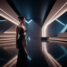 a woman standing alone in a dark room