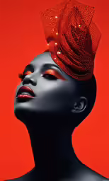 a woman with bright make up on her head, with an orange background