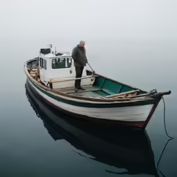 man standing in front of small fishing boat in foggy sea