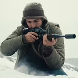 a man wearing winter clothing takes pictures while in the snow