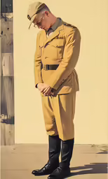 a man dressed in military clothing standing by a building