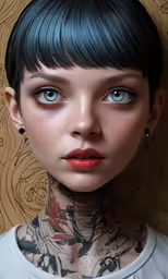 a portrait of a woman with tattoos on her neck