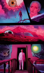 a man standing next to a pink house