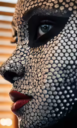 a woman with a black and silver make - up looks to the left