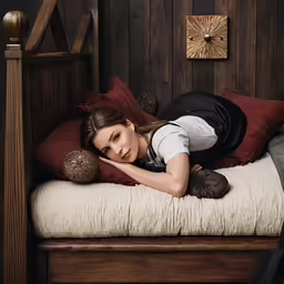 a woman laying on top of a bed holding stuffed animals