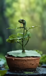 a gecko with its mouth open on a branch near a lotus pad